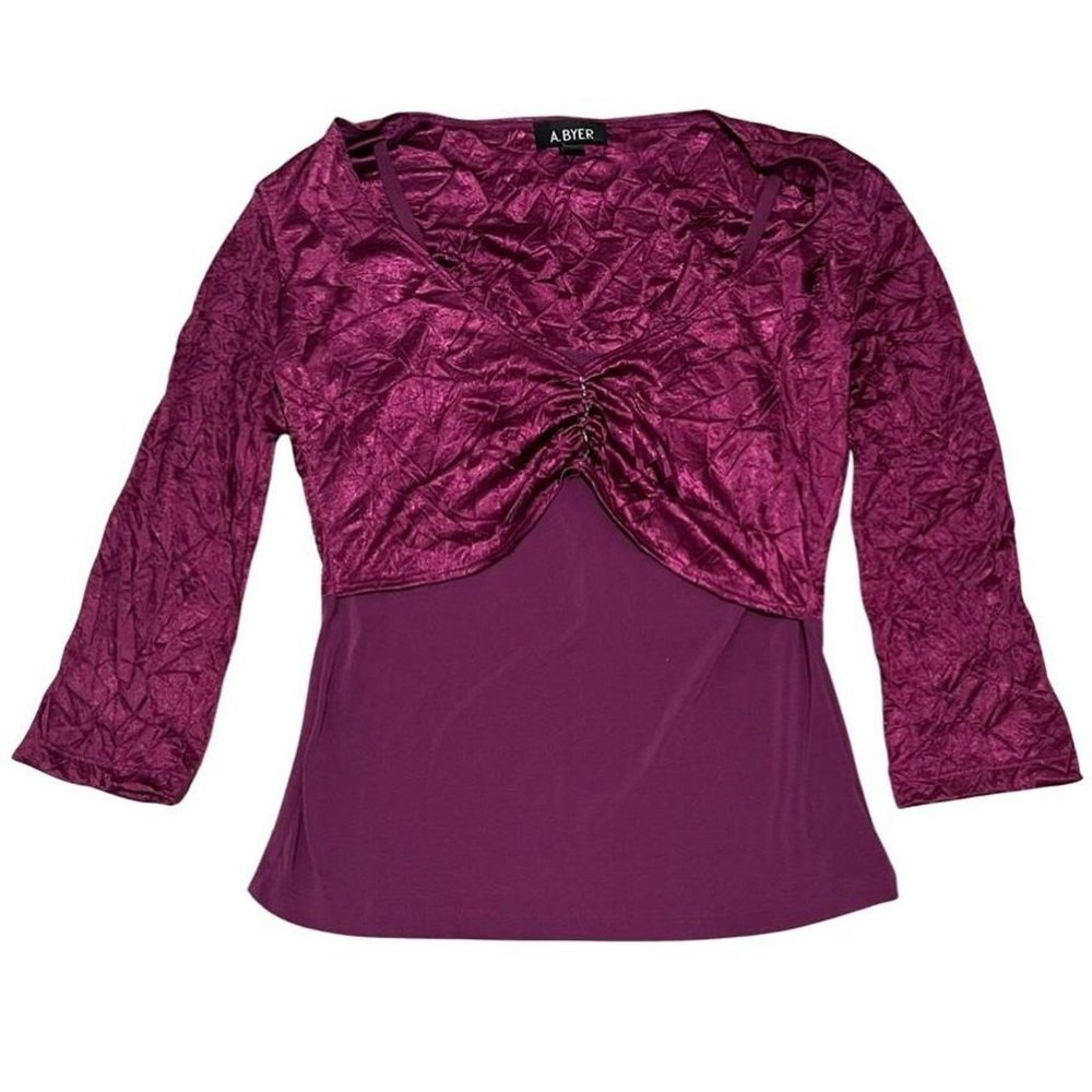 y2k layered crinkly satiny gemstone top with attached camisole